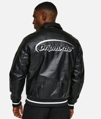 Drip Made Hunted Faux Leather Bomber Jacket Black (1)
