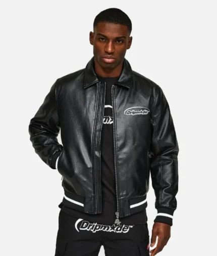 Drip Made Hunted Faux Leather Bomber Jacket Black (2)